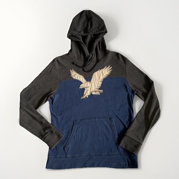 American Eagle Mens S Big Eagle Logo Thermal Long Sleeve Hoodie Henley Blue Gray - Picture 1 of 12